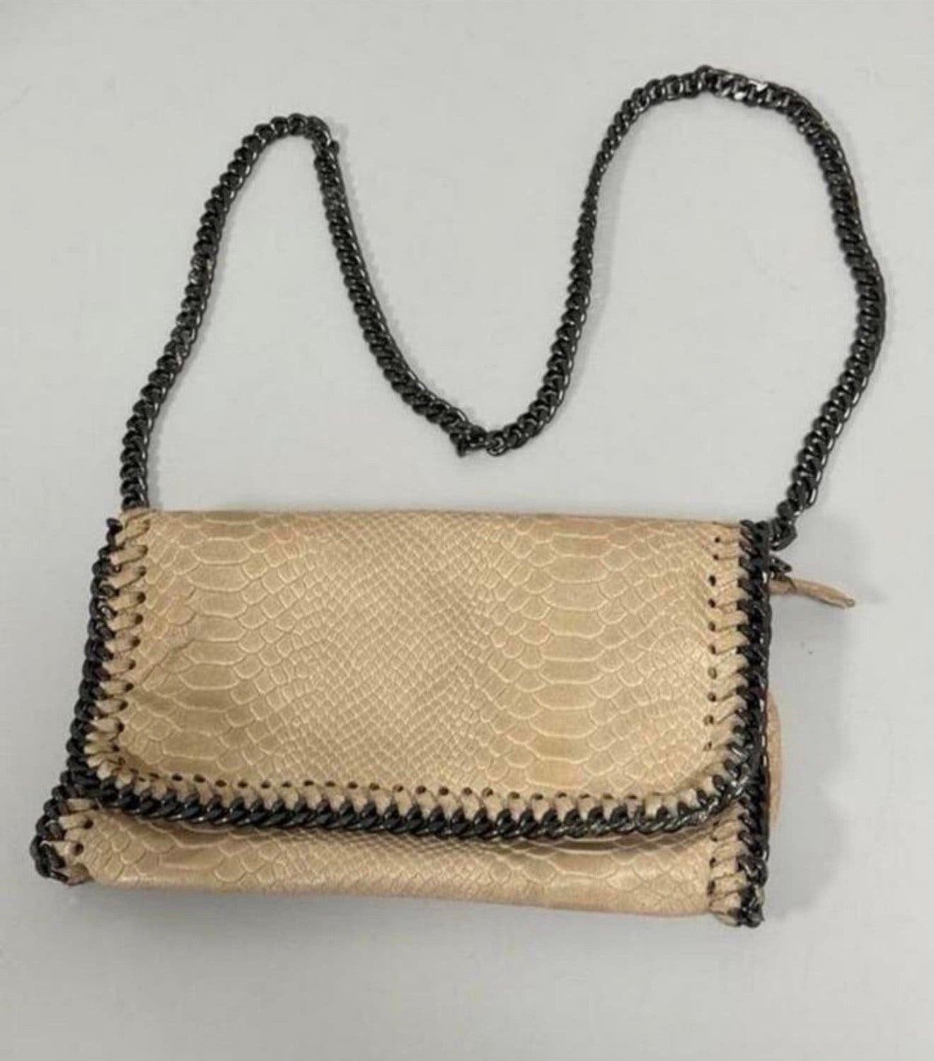 BORSE IN PELLE Italiaanse leren handtas slangenleer ketting, P, Schoudertasje, Beige, P