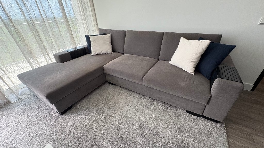SÖRVALLEN 3-zitsbank met chaise longue en uitschuifbaar bed, Ophalen, 250 tot 300 cm, Gebruikt, Driepersoons