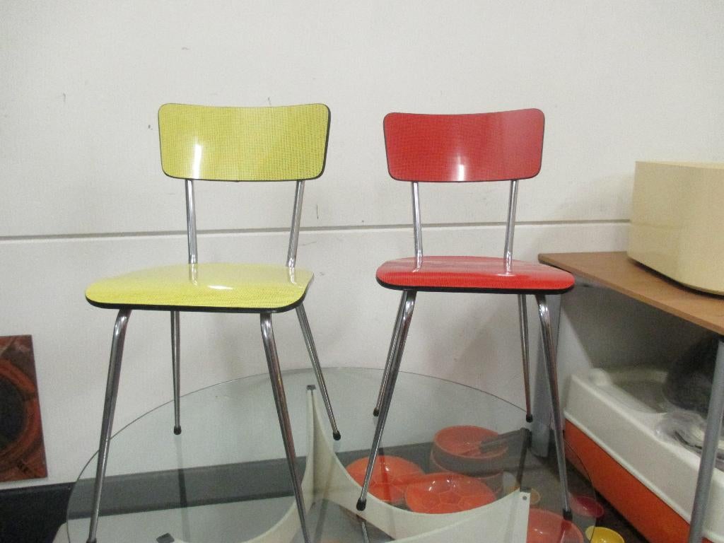 set formica stoelen jaren 60 vintage design retro rood geel, Gebruikt, Twee, Jaren 60 design vintage retro 1960s, ?