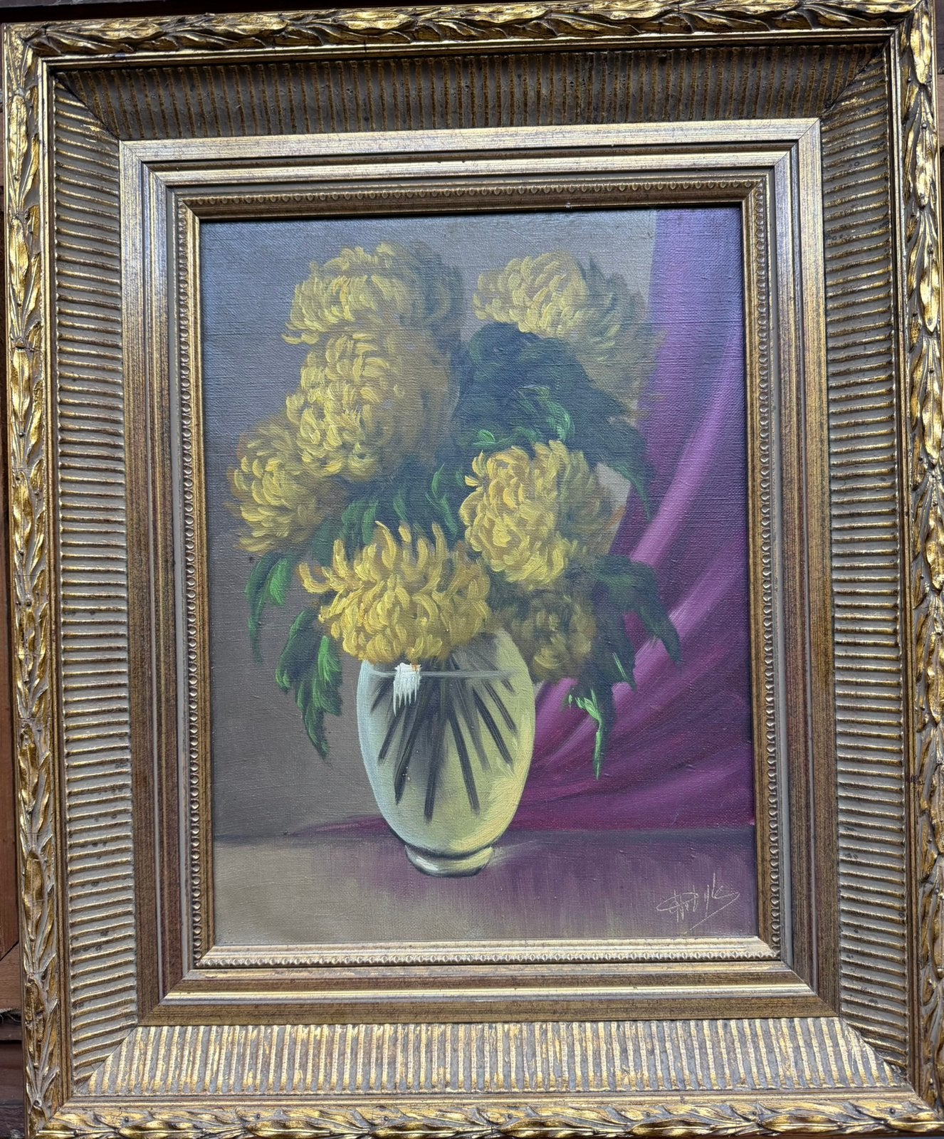 Gele chrysanten in een vaas, Doek, Stilleven, Ophalen of Verzenden, Olieverf