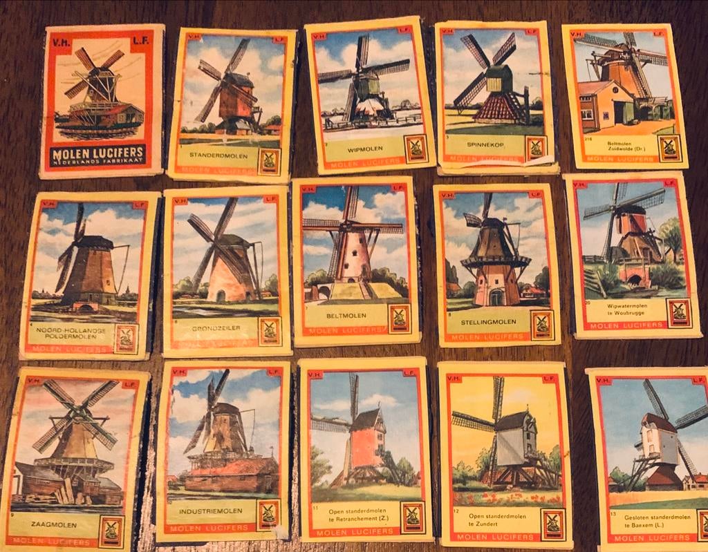 24 Vintage Molen Lucifers plaatjes bovenkant luciferdoosjes, Verzamelen, Ophalen of Verzenden, Gebruikt, Luciferdoosjes of -merken