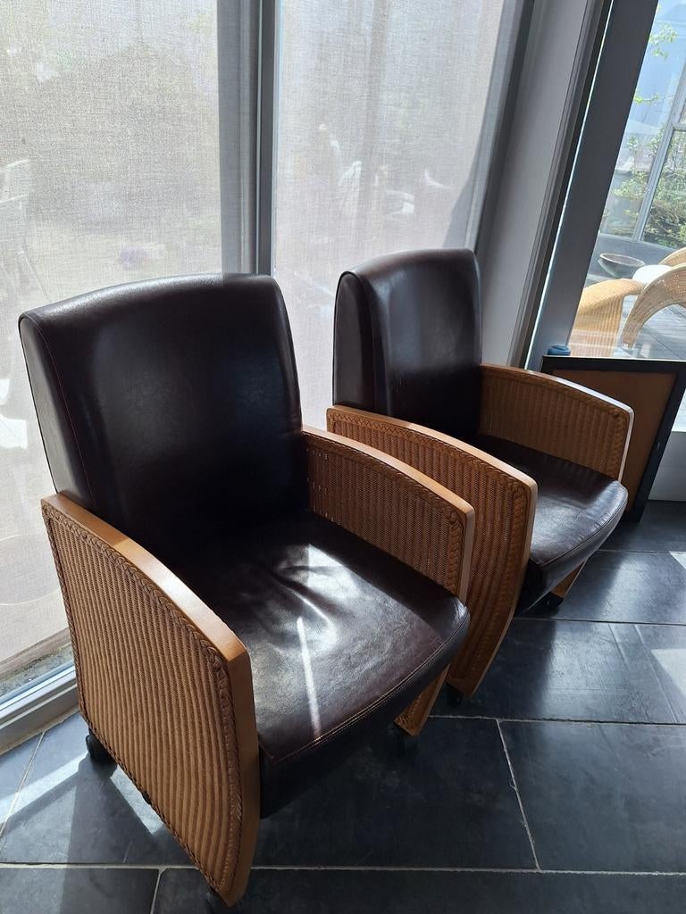 2 x Loom met leer stoeltjes, Gebruikt, Twee, Bruin, Leer