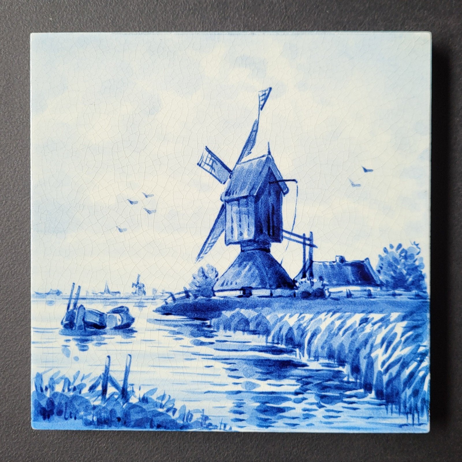Vintage Delfts blauwe tegel molen boot Porceleyne Fles 1959, Ophalen of Verzenden