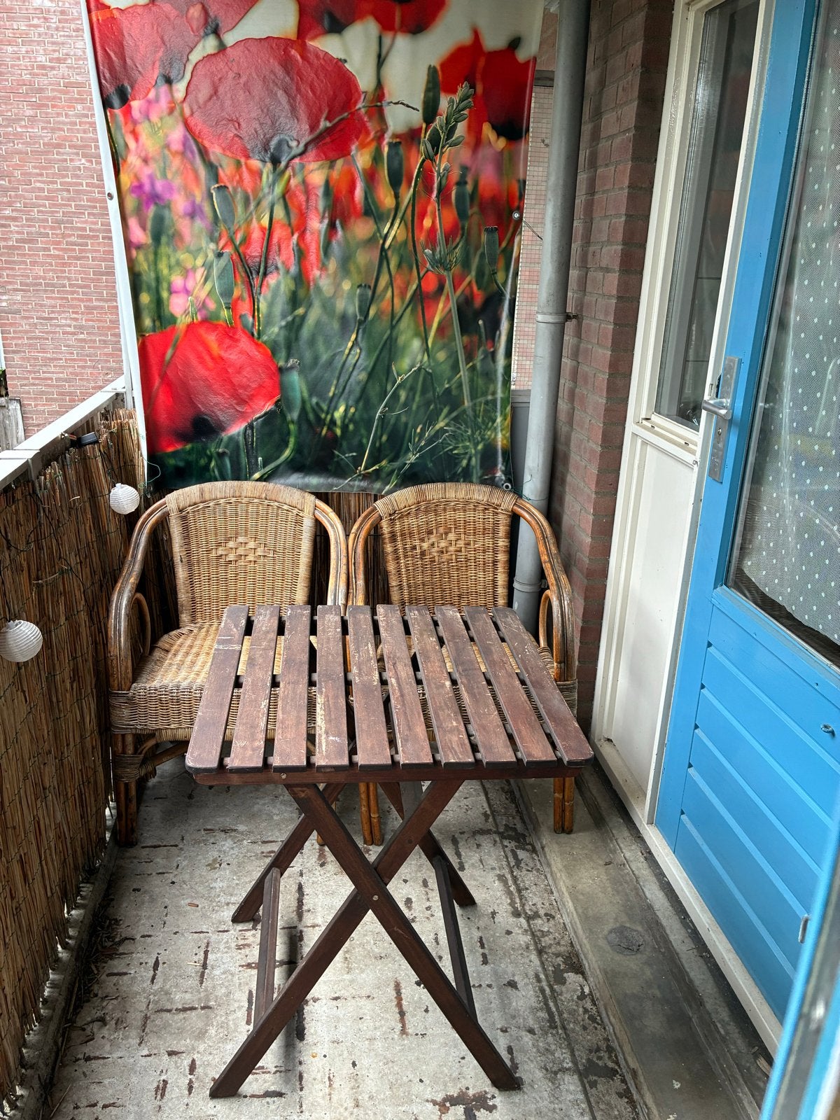 Houten tuinset met twee rieten stoelen en tafel en hangmat, Ophalen, Gebruikt, Meerpersoons, Inklapbaar