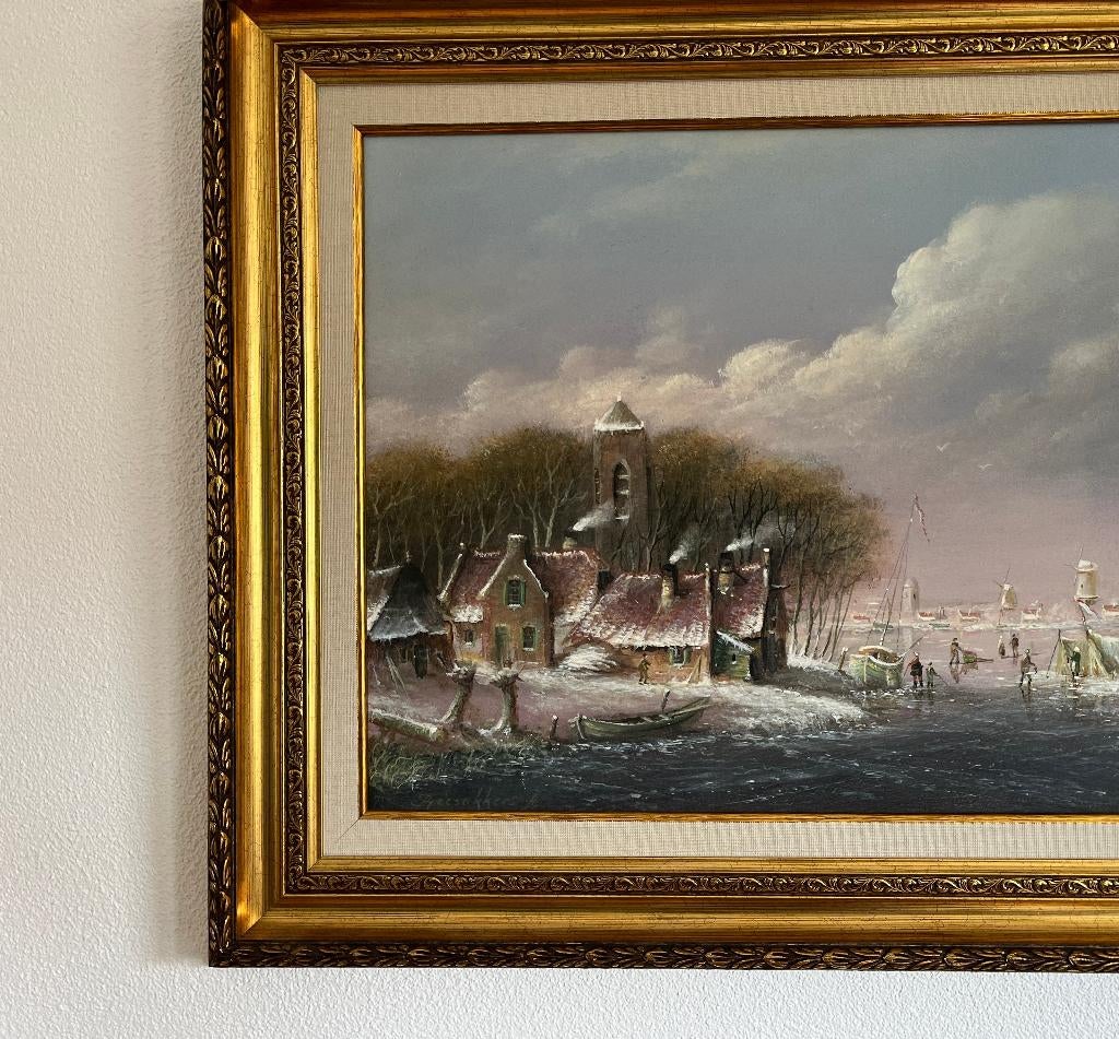 Mooi schilderij winterlandschap op paneel. Thomas Heesakkers, Antiek en Kunst, Ophalen