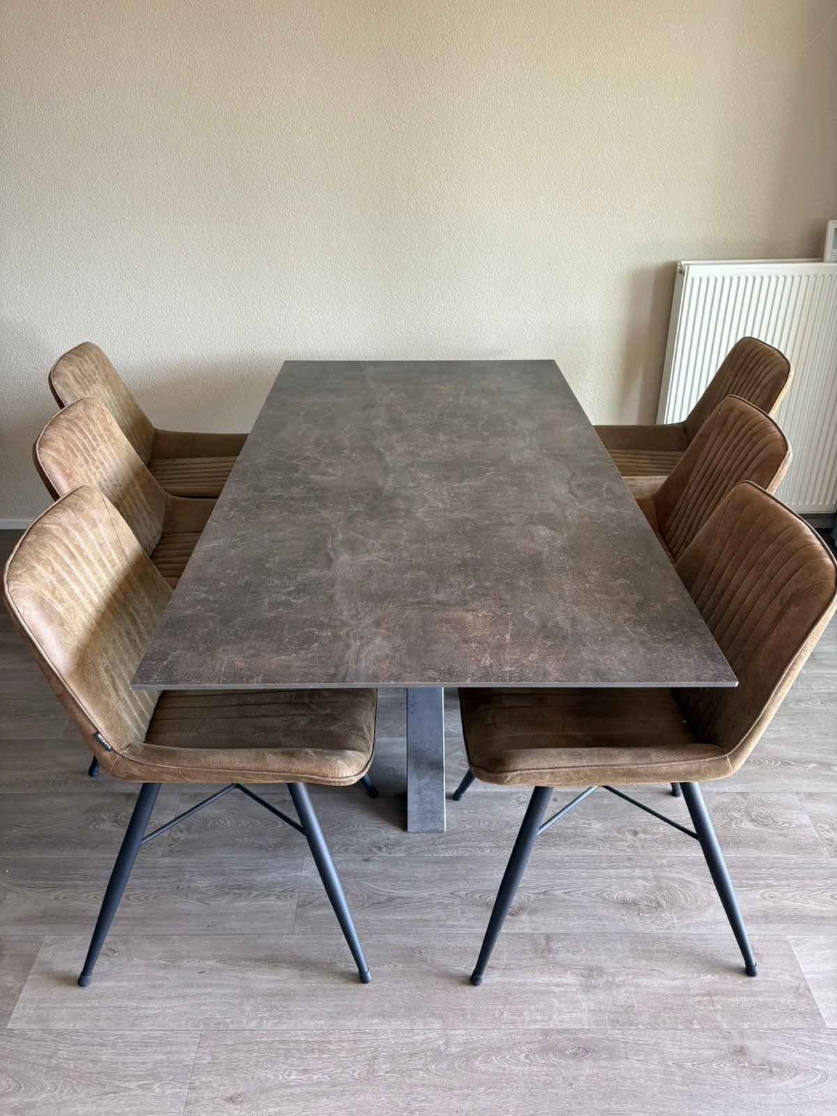 Eetkamerset: Tafel (180x90cm) met 6 stoelen (Maxwonen), Ophalen, 50 tot 100 cm, Zo goed als nieuw, Vijf personen of meer