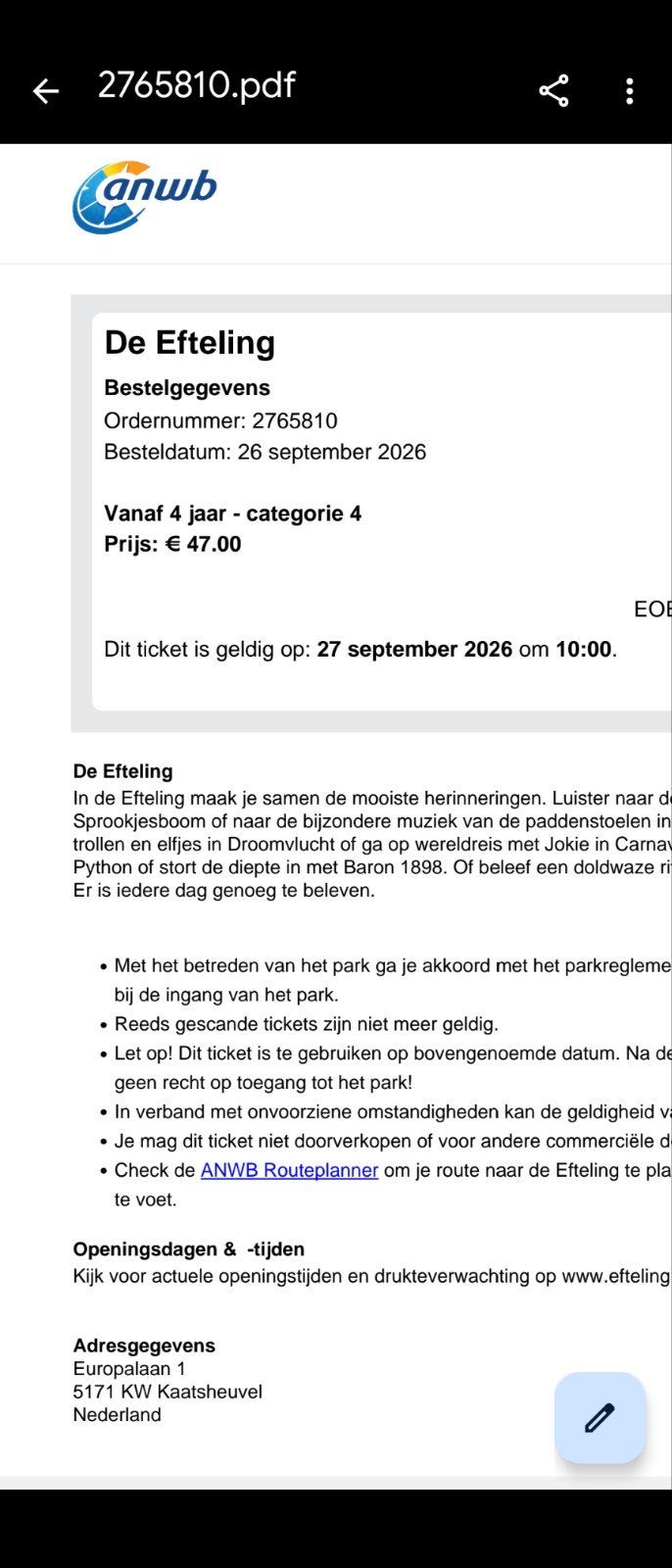 Efteling kaartjes, Twee personen, Overige soorten, Pretpark