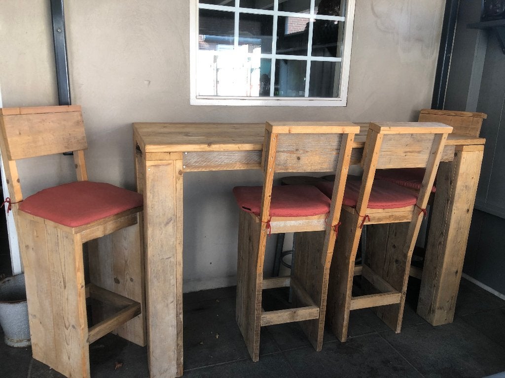 Steigerhouten tafel met 4 krukken, Ophalen, Gebruikt, Rechthoekig, Hout