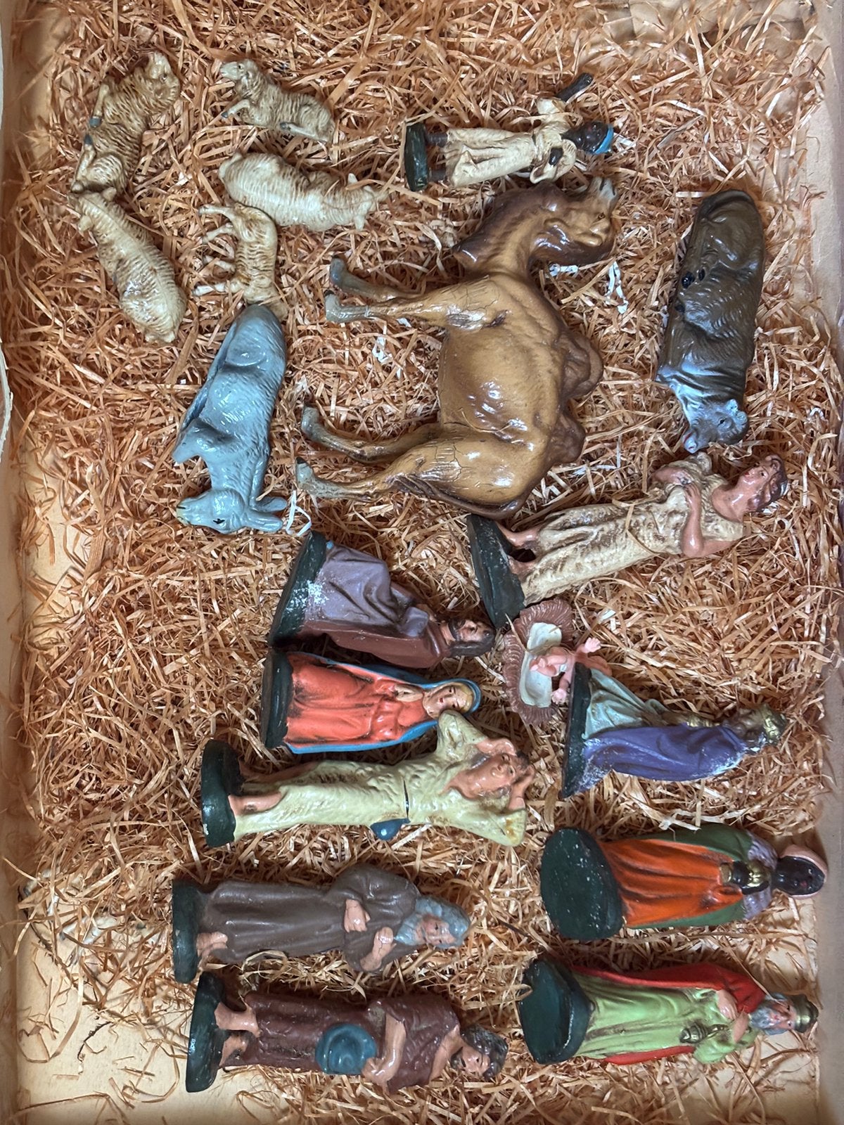 Oude Marolin papier maché kerstgroep 18 delen, Ophalen of Verzenden
