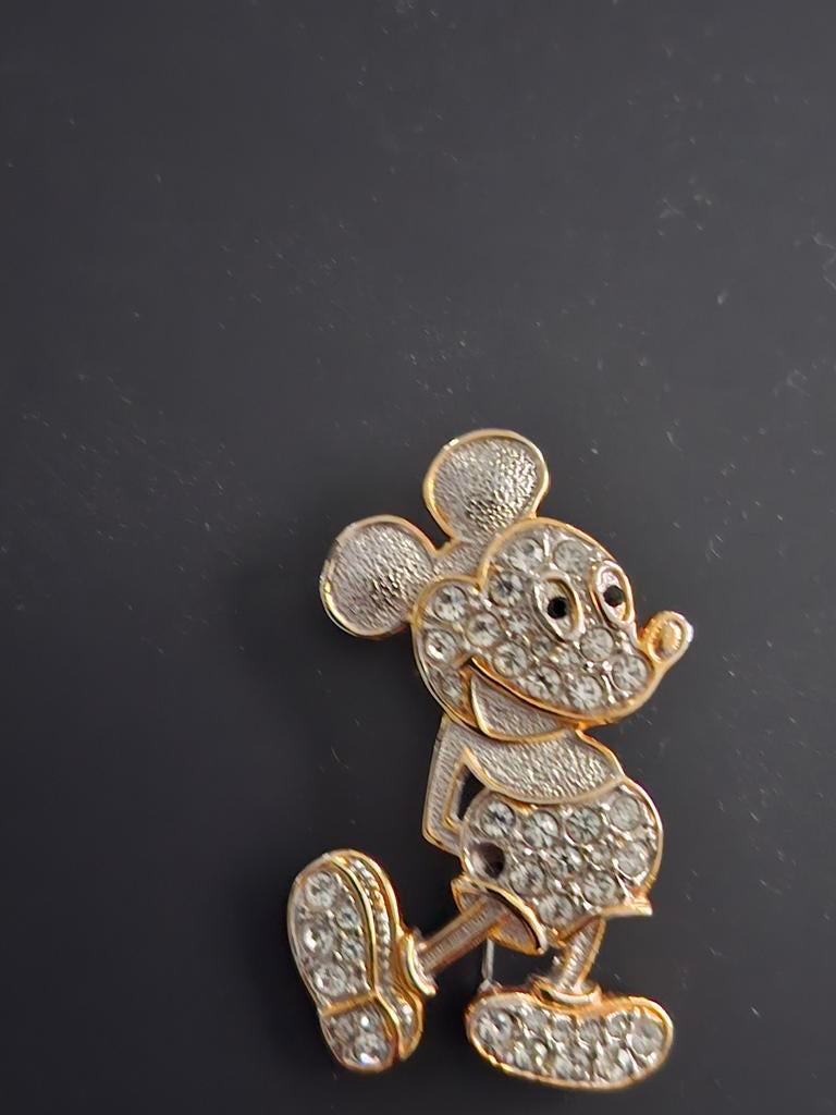 Mickey mouse broch met swarovski i steentjes, Ophalen, Zo goed als nieuw, Zilver, Overige materialen