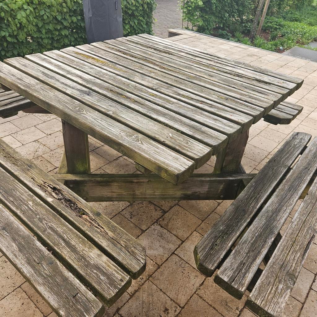 Robuuste houten picknicktafel voor buiten, Tuin en Terras, Picknicktafels, Ophalen, Gebruikt, Vierkant, Hout