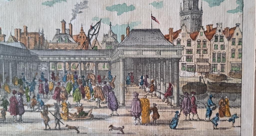 Amsterdam Korenbeurs Damrak oude gekleurde gravure, Antiek en Kunst, Kunst | Etsen en Gravures, Ophalen of Verzenden