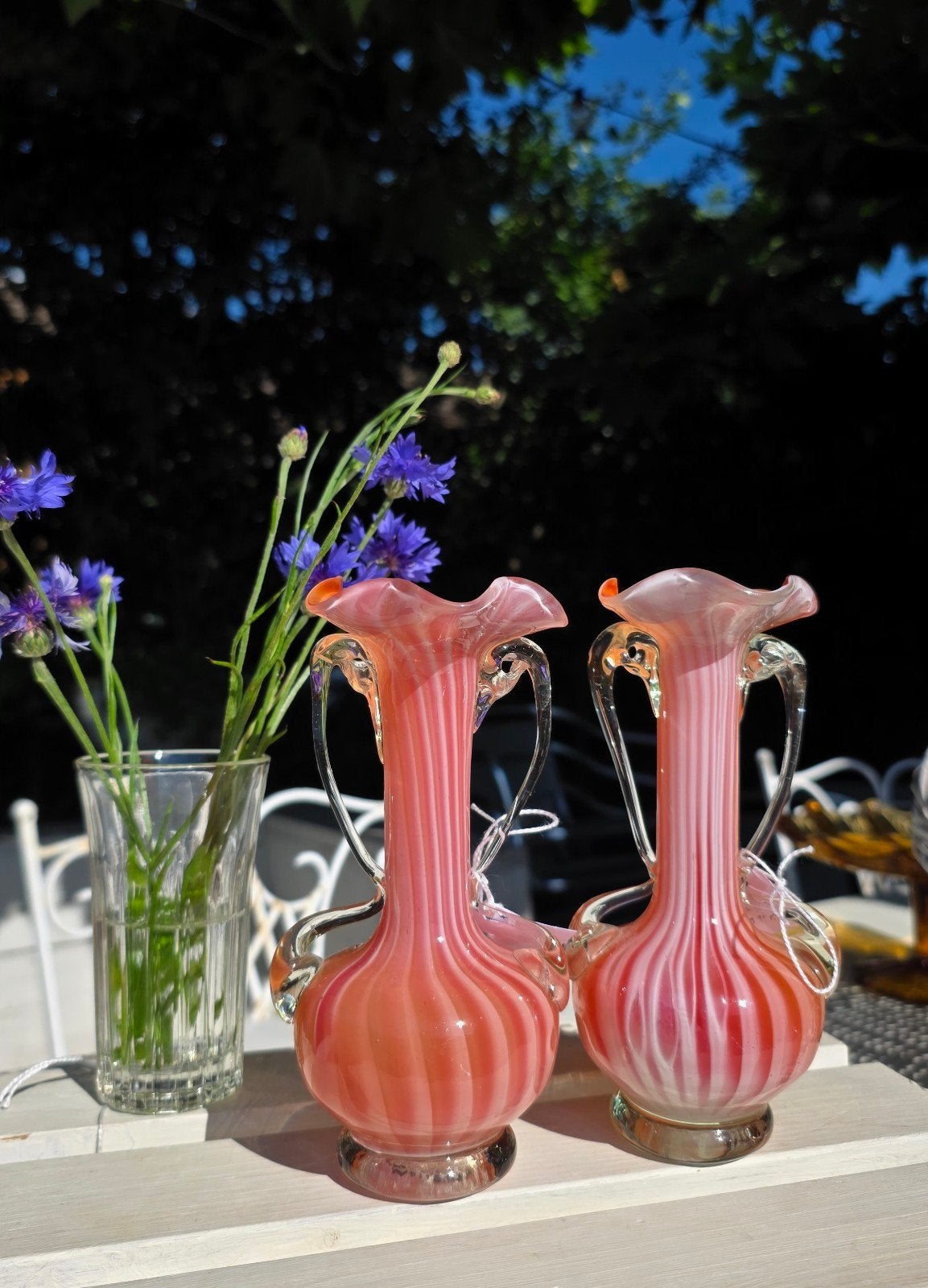 2 Vintage Murano Glas Vaasjes - H 16 B 7.5 D 4.5, Ophalen of Verzenden