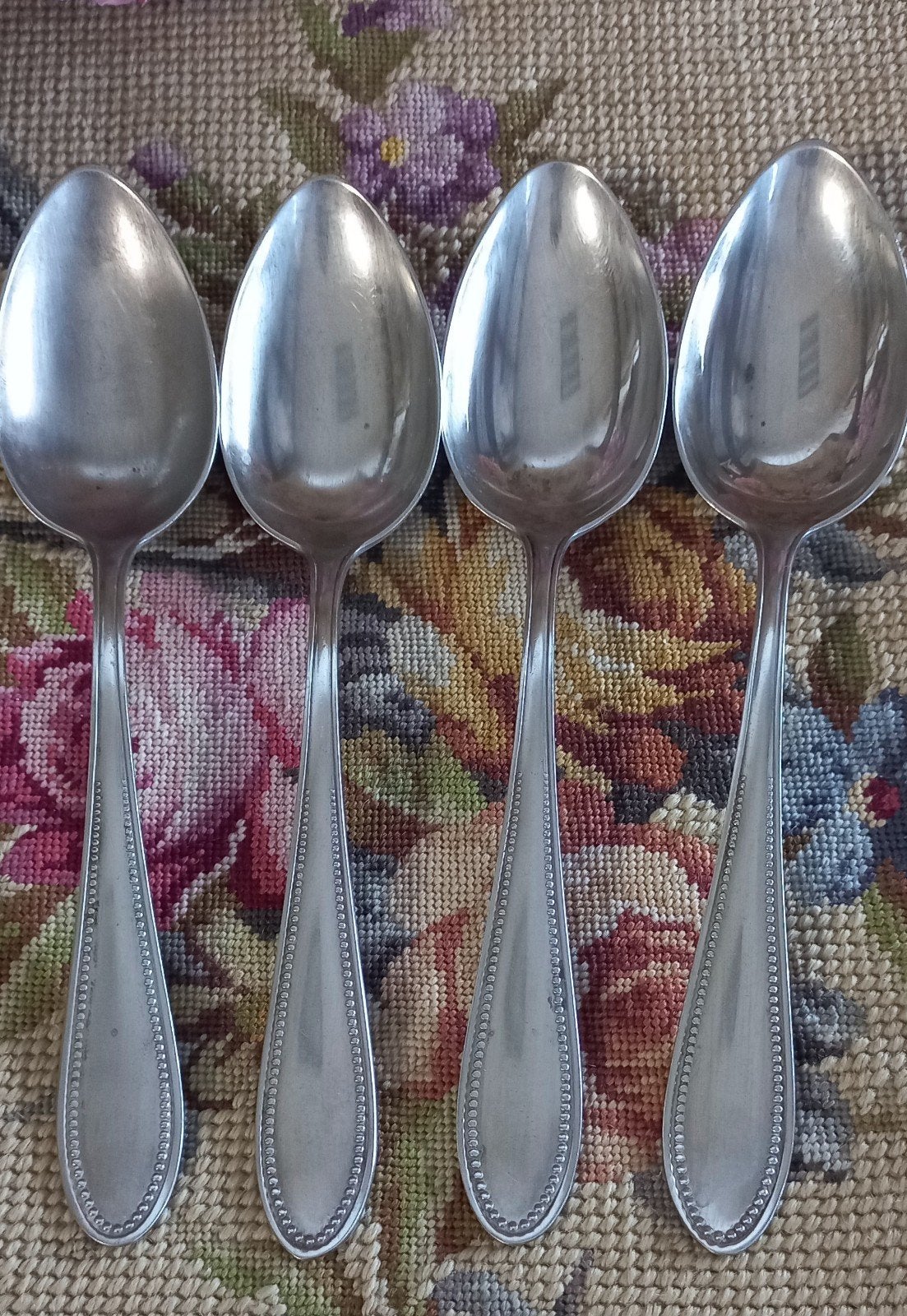 Set van 4 oude brocante lepels, Turm Alpacca, parelrand, Antiek en Kunst, Ophalen of Verzenden