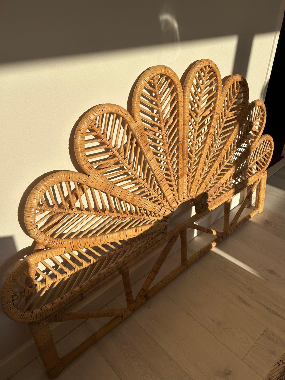 Bed frame hoofd bord rotan ibiza waaier, Ophalen, 90 cm, Tweepersoons, Zo goed als nieuw