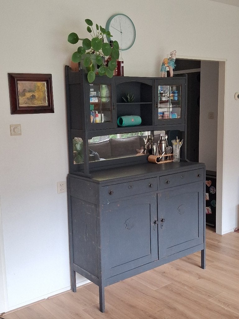 Mooie antraciet brocante buffetkast (2-delig), Huis en Inrichting, Ophalen, Gebruikt, 100 tot 150 cm, Met lade(s)