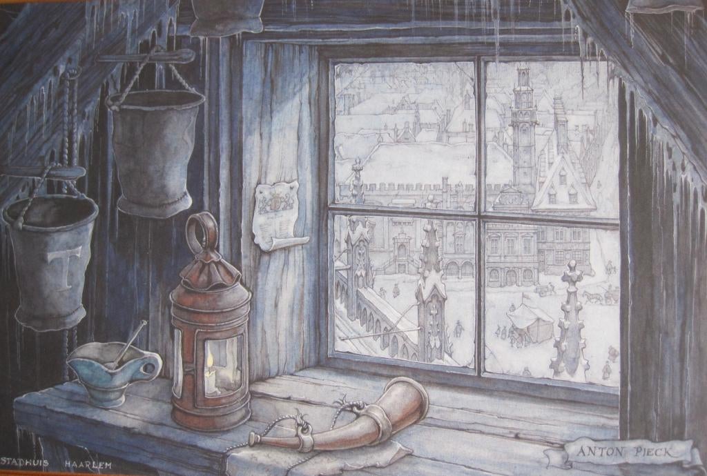 Anton Pieck - prentje van stadhuis van Haarlem vanuit raam, 1980 tot heden, Ophalen of Verzenden, Zo goed als nieuw, Gebouw