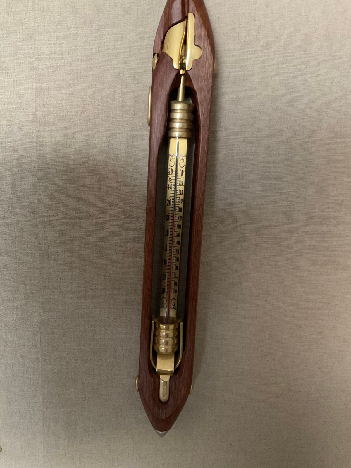 Decoratieve thermometer van hout en messing, Gebruikt, Ophalen of Verzenden, Overige merken, Hout