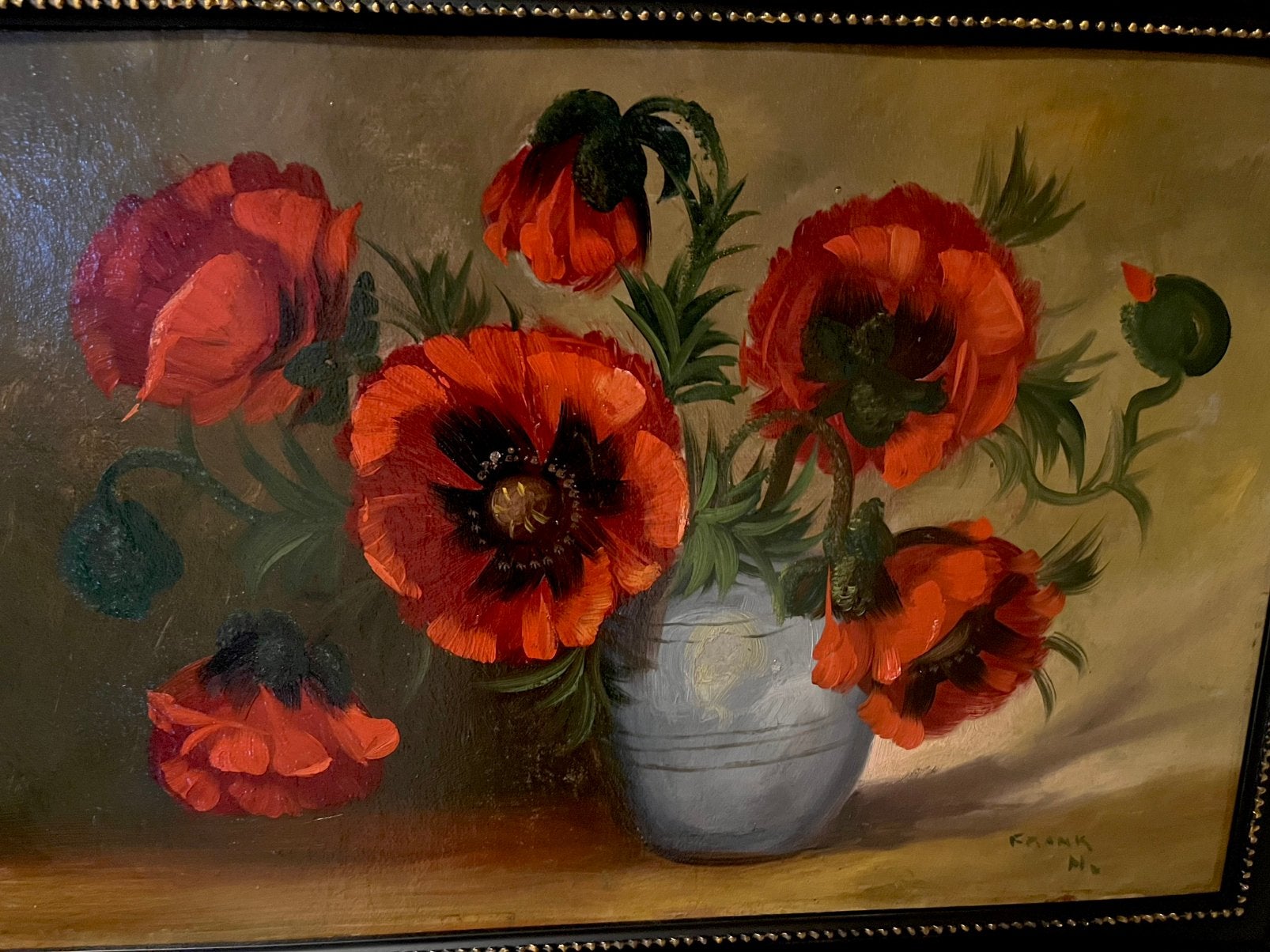 Antiek groot olieverf bloemen stilleven schilderij, Ophalen, Paneel, Stilleven, Gesigneerd