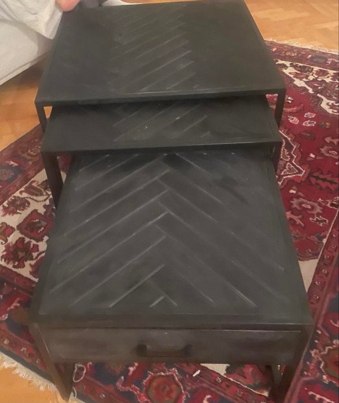 Set van 3 zwarte salontafels met visgraatpatroon, Huis en Inrichting, Tafels | Salontafels, Ophalen, Vierkant, 50 tot 100 cm, Zo goed als nieuw