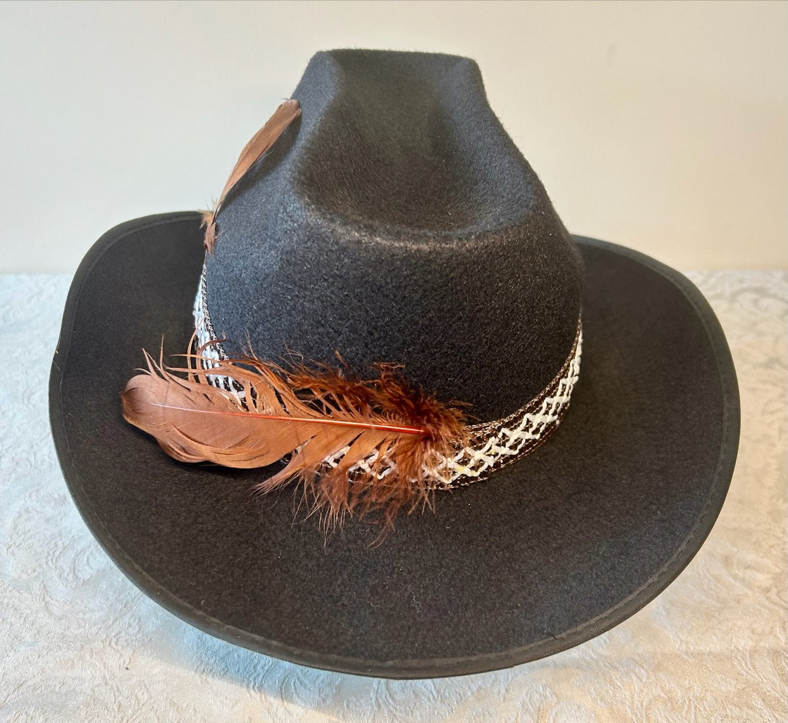 Zwarte Cowboyhoed met Veren en Decoratieve Band, Ophalen of Verzenden, Zo goed als nieuw, One size fits all, Hoed