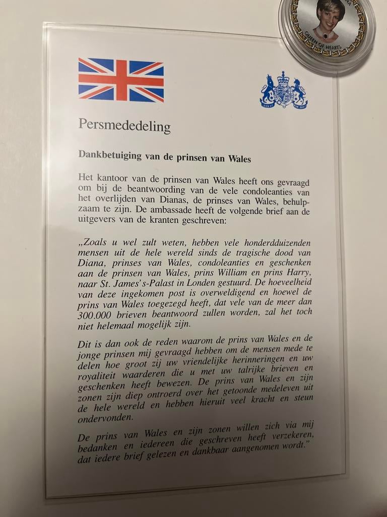 Lady Diana Herdenkingsmunt met Persbericht, Postzegels en Munten, Munten en Bankbiljetten | Toebehoren, Verzamelmap, Ophalen of Verzenden