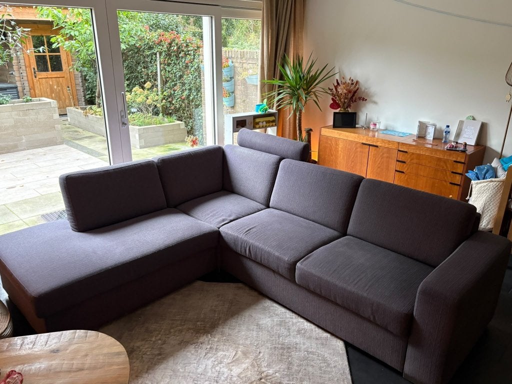 Antracietgrijze hoekbank met lounge en opbergvak, Ophalen, 250 tot 300 cm, Gebruikt, Hoekbank
