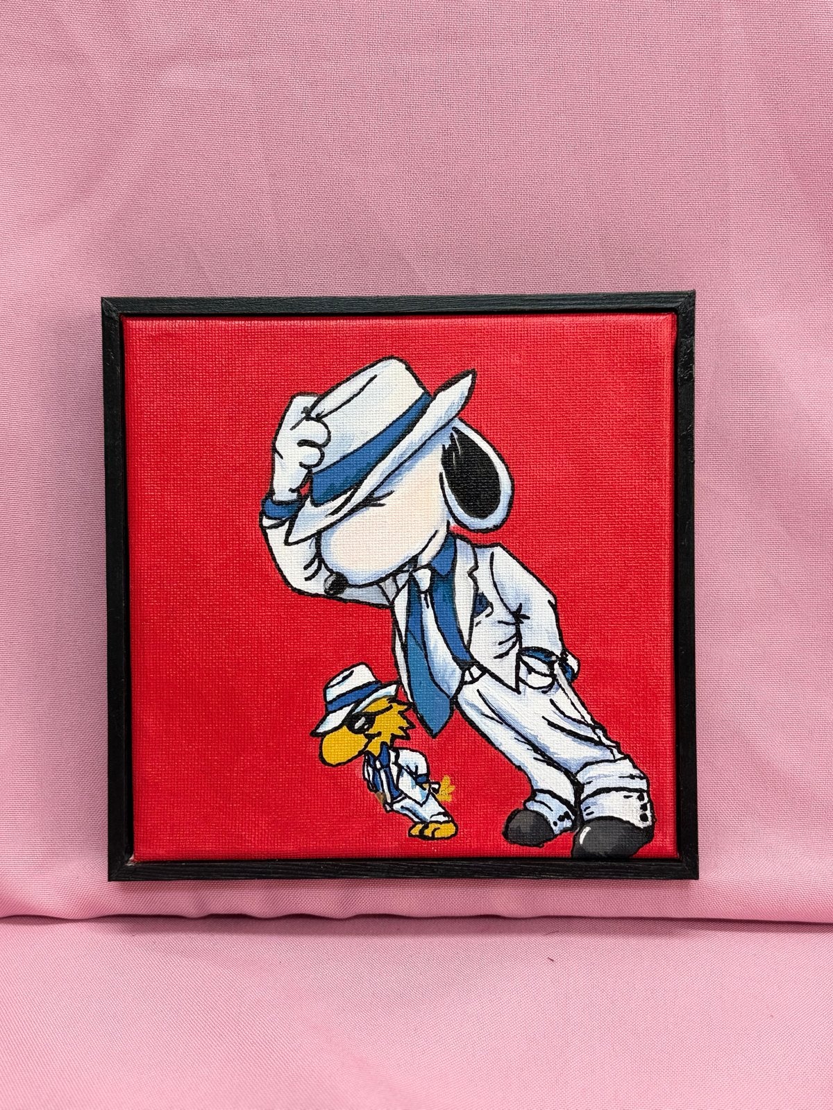 Snoopy en Woodstock als Michael Jackson - 16x16cm, Acrylverf, Handgeschilderd, Ophalen of Verzenden, Stripfiguren/cartoons