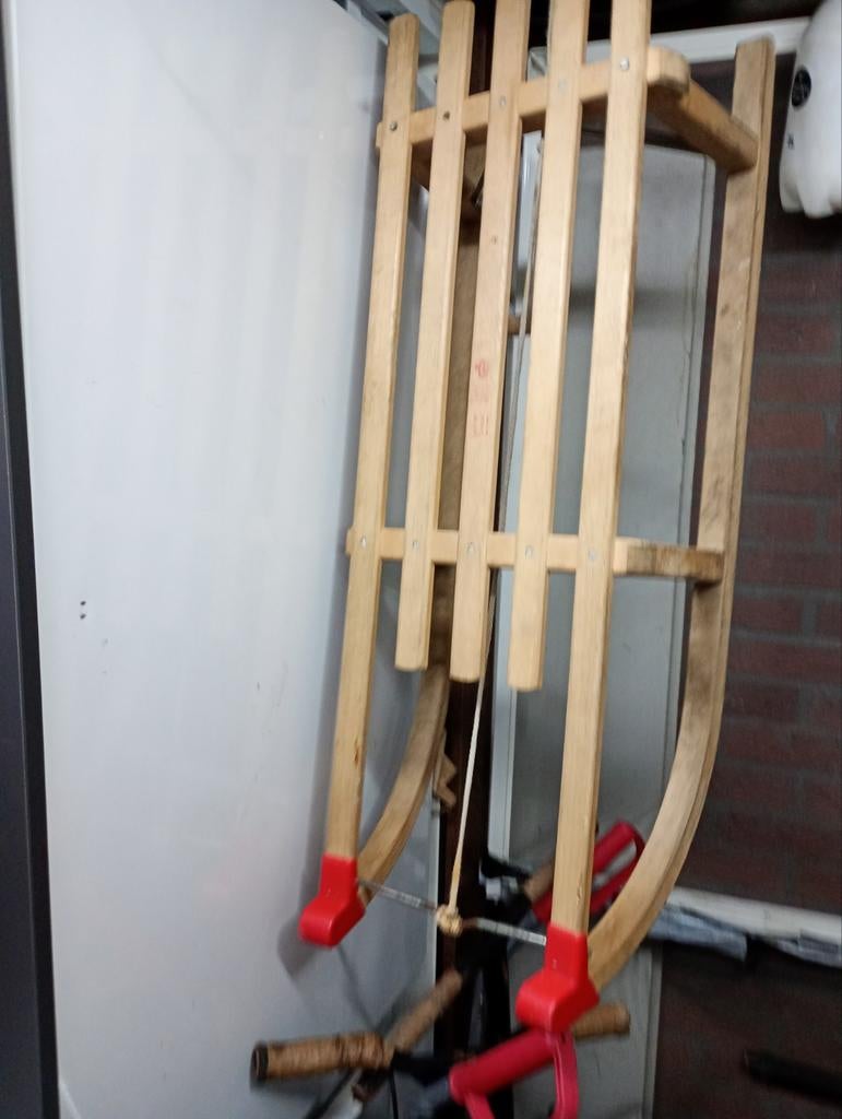 Houten slee, Ophalen, Rugleuning, Gebruikt, Hout