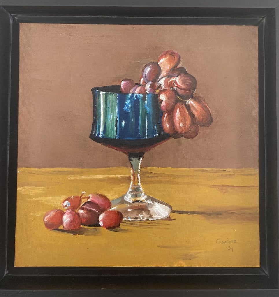 Stilleven met Druiven en Glas (olieverf), Doek, Stilleven, Ophalen of Verzenden, Olieverf