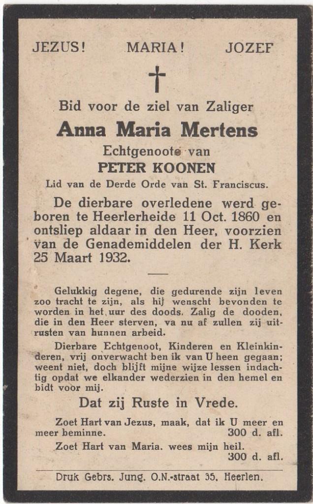 Anna Maria Mertens 1860 Heerlerheide + 1932 aldaar, 71 jaar, Verzamelen, Verzenden