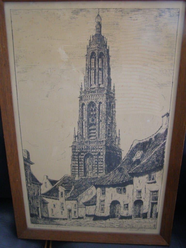 gravure of ets Jan de Boer Cuneratoren Rhenen >1940 ingelijs, Verzenden, Stadsgezicht, 64 cm, Gravure