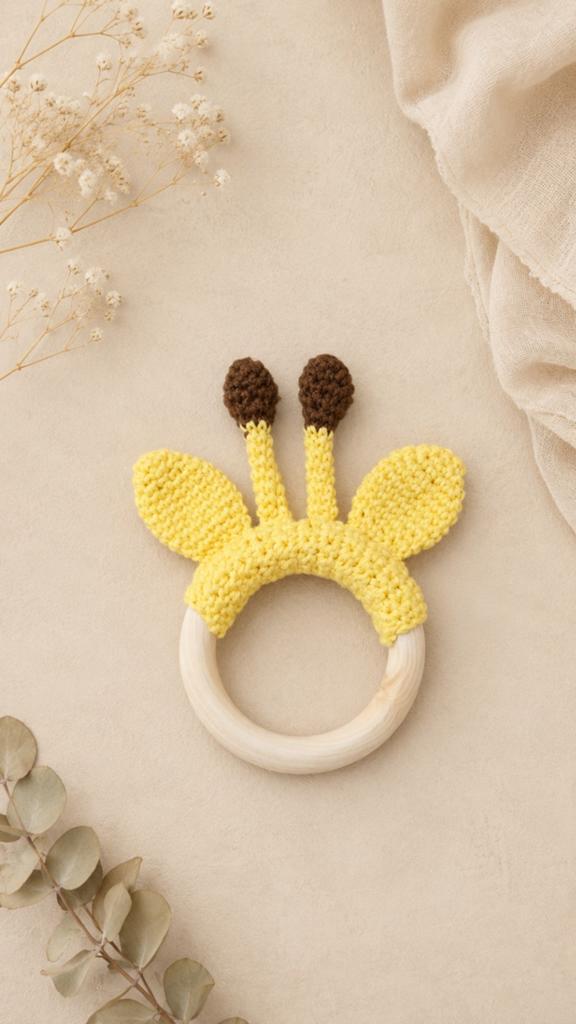 Handgemaakte gehaakte giraffe bijtring – houten baby bijtspe, Ophalen of Verzenden, Nieuw, Overige typen