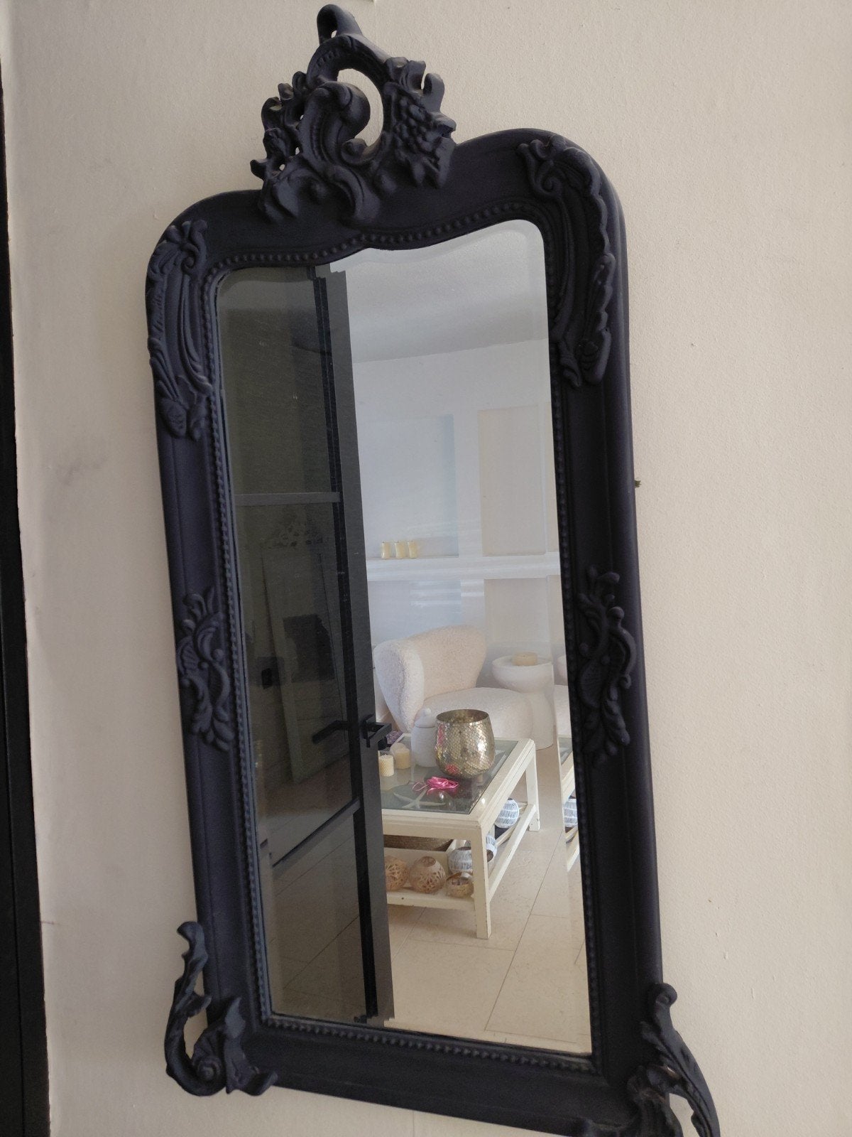 Brocante spiegel in zwart, Huis en Inrichting, Ophalen, Minder dan 50 cm, Zo goed als nieuw, Minder dan 100 cm