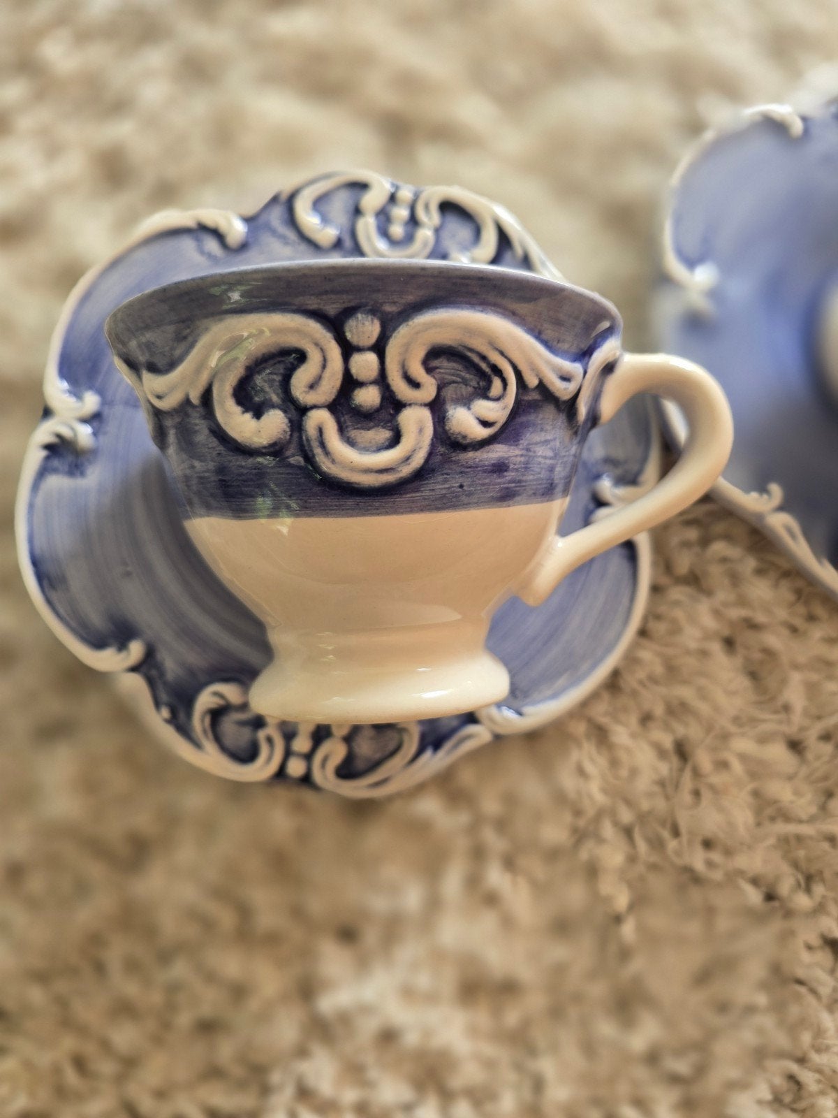 2x Portazul 'Aan Tafel' Kop en Schotel - Vintage Blauw/Wit, Overige merken, Keramiek, Vintage, Ophalen of Verzenden