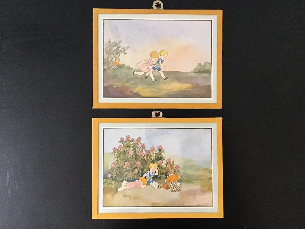 2 nostalgische prenten in lijst. Babbertjesland, Verzamelen, Retro, Ophalen of Verzenden, Huis en Inrichting