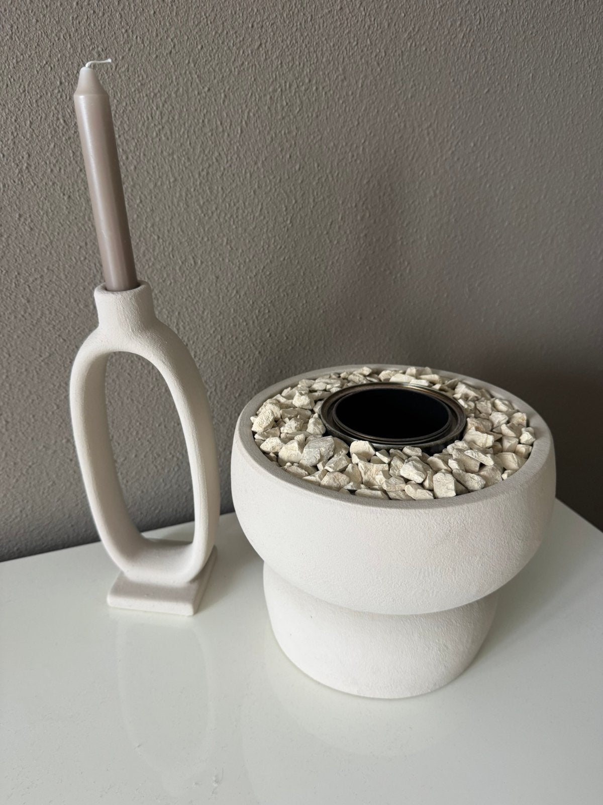 Woonaccesoires set beige kandelaar en bio-ethanol brander, Ophalen, Zo goed als nieuw, Beige, Kaars