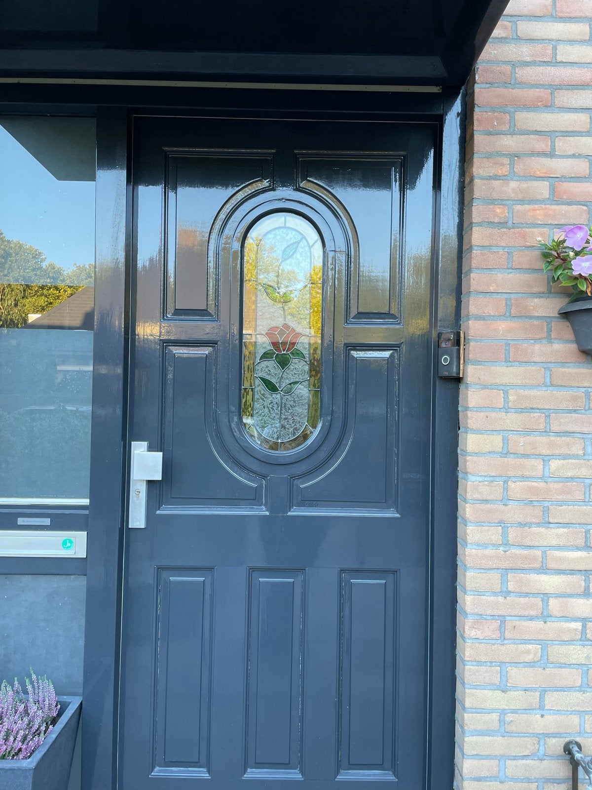 Hardhouten Buitendeur met Glas in Lood - H210.5xB92.8, Doe-het-zelf en Verbouw, Ophalen, Gebruikt, 80 tot 100 cm, Buitendeur