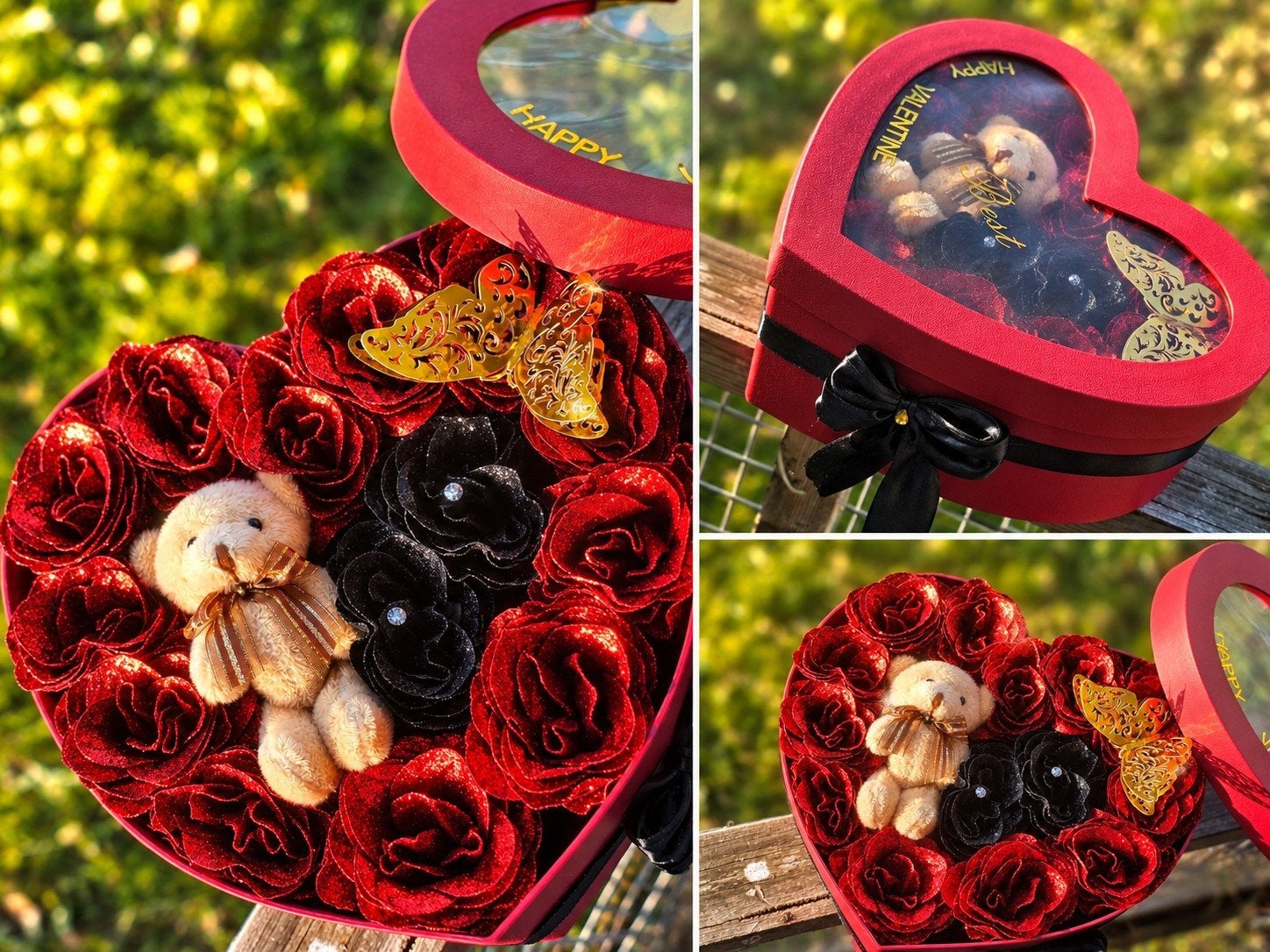Glitter Rozenbox met Teddybeer - Valentijnscadea, Ophalen of Verzenden, Nieuw, Rood, Kunststof