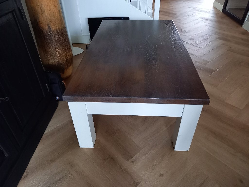 zware kwaliteit salontafel wit met eiken blad en 2 lades, Ophalen, 100 tot 150 cm, Eikenhout, 50 tot 100 cm