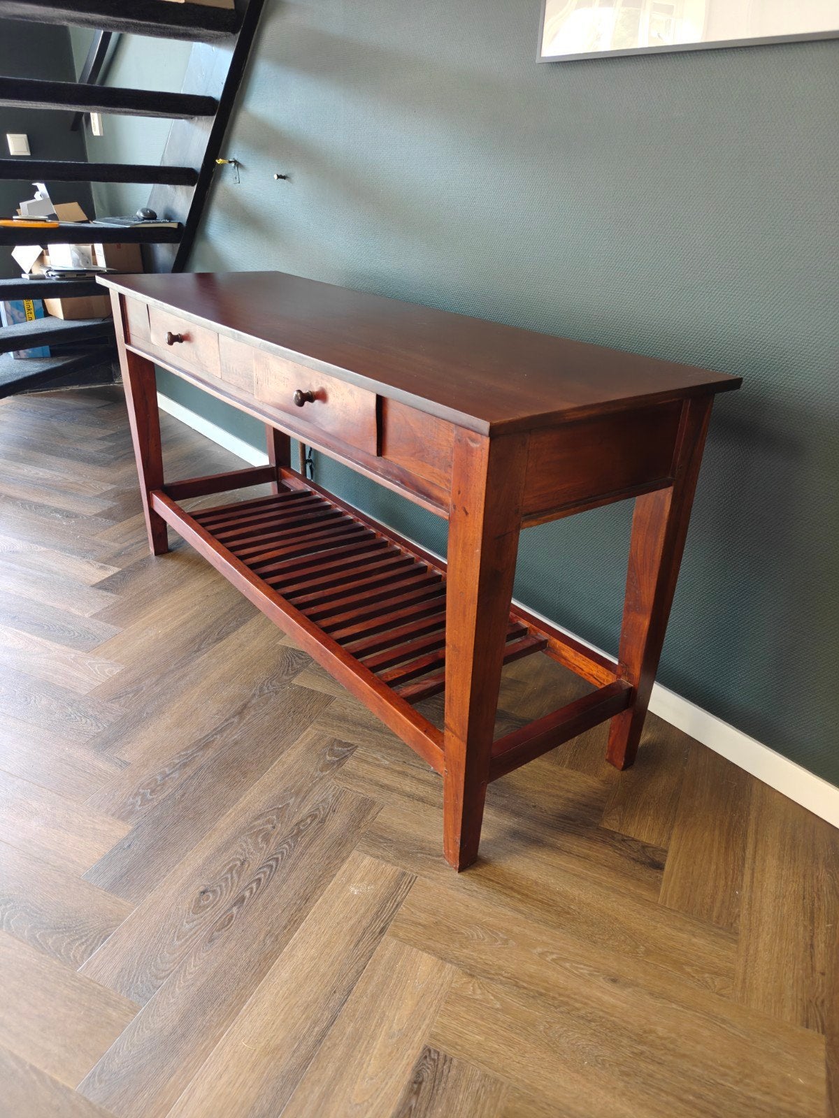 Sidetable 150x50x76 cm met lades en opbergrek, Ophalen, Gebruikt, 100 tot 150 cm, Overige houtsoorten