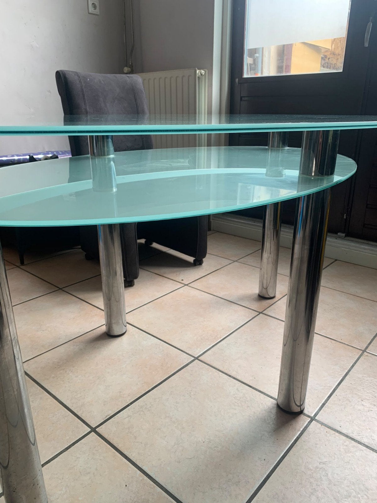 Glazen eettafel met chromen poten, Ophalen, Gebruikt, 50 tot 100 cm, 50 tot 100 cm