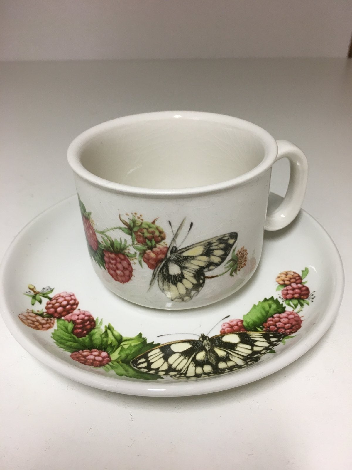 Marjolein Bastin kop en schotel met vlinder en frambozen, Nieuw, Ophalen of Verzenden, Overige stijlen, Kop(pen) en/of Schotel(s)
