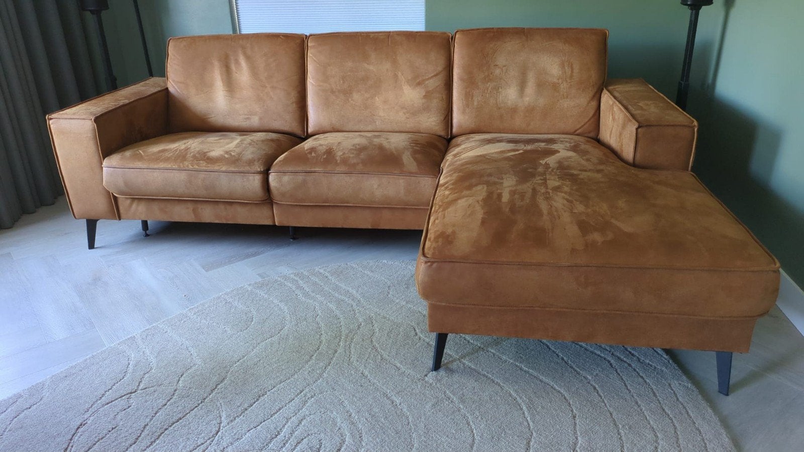 Hoekbank met chaise longue en elektrisch verstelbaar, Ophalen, Gebruikt, Stof