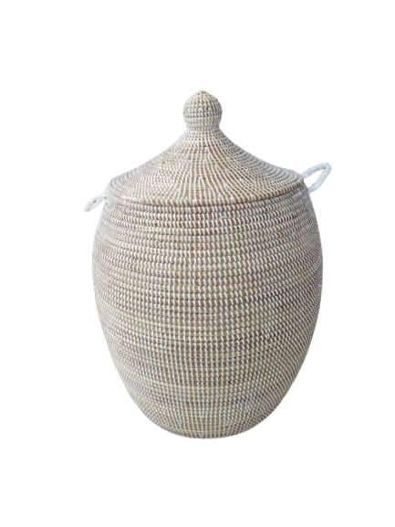 Afrikaanse witte opbergmand wasmand handgemaakt in Senegal, Ophalen of Verzenden, Nieuw, Rond, Riet
