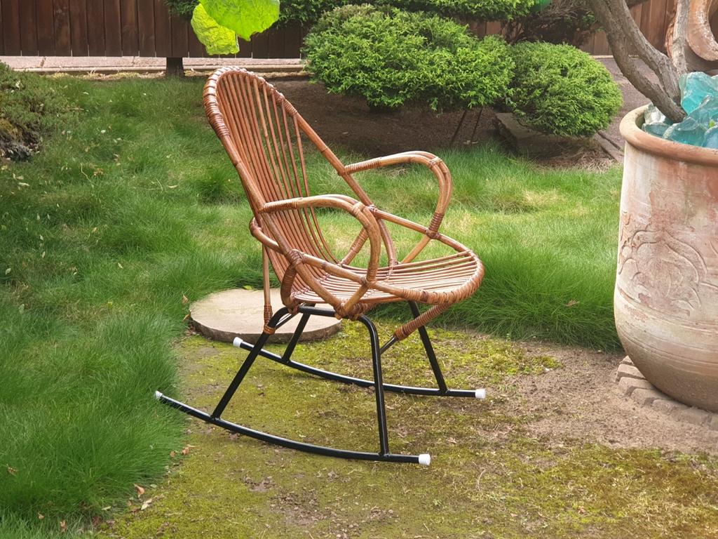Vintage Rotan Schommelstoel van Dirk van Sliedregt, Ophalen, Bruin, Eén