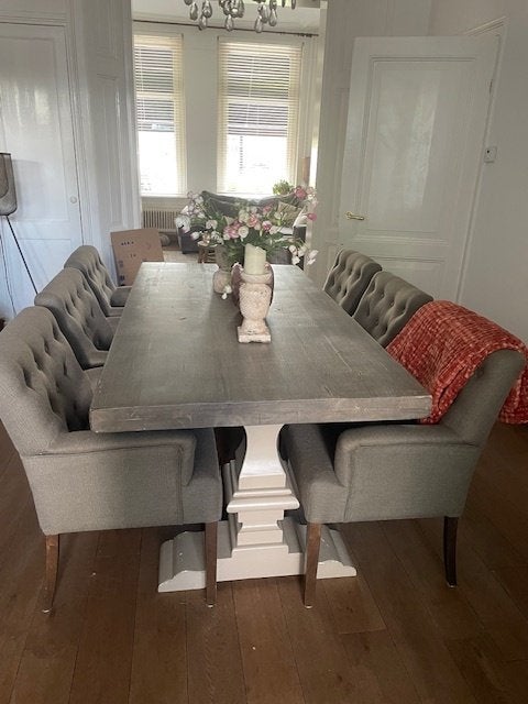 Supermooie landelijkie eethoek met kloostertafel, 6 stoelen, Ophalen, Gebruikt, Landelijki, 4 tot 6 stoelen