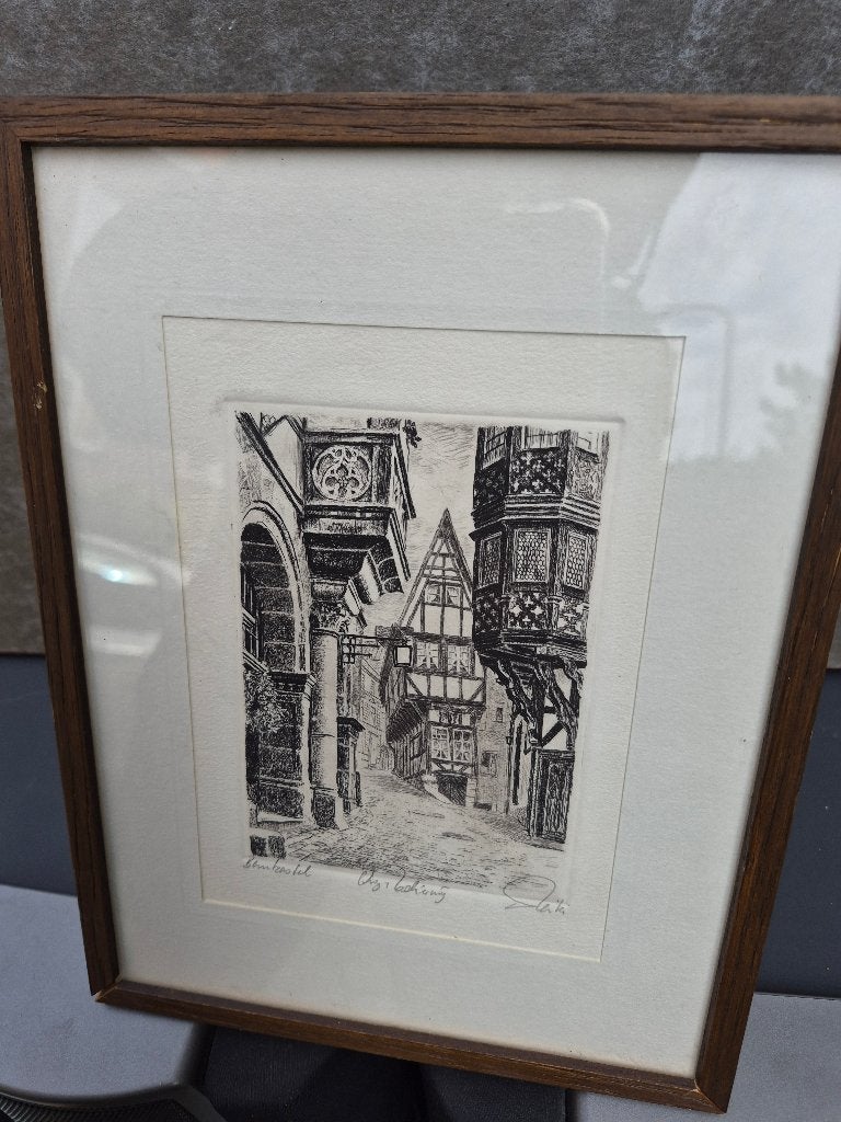 Originele ets (Duits: Orig. Radierung), een straatgezicht, Ophalen, Tekening, Prent, Handgemaakt
