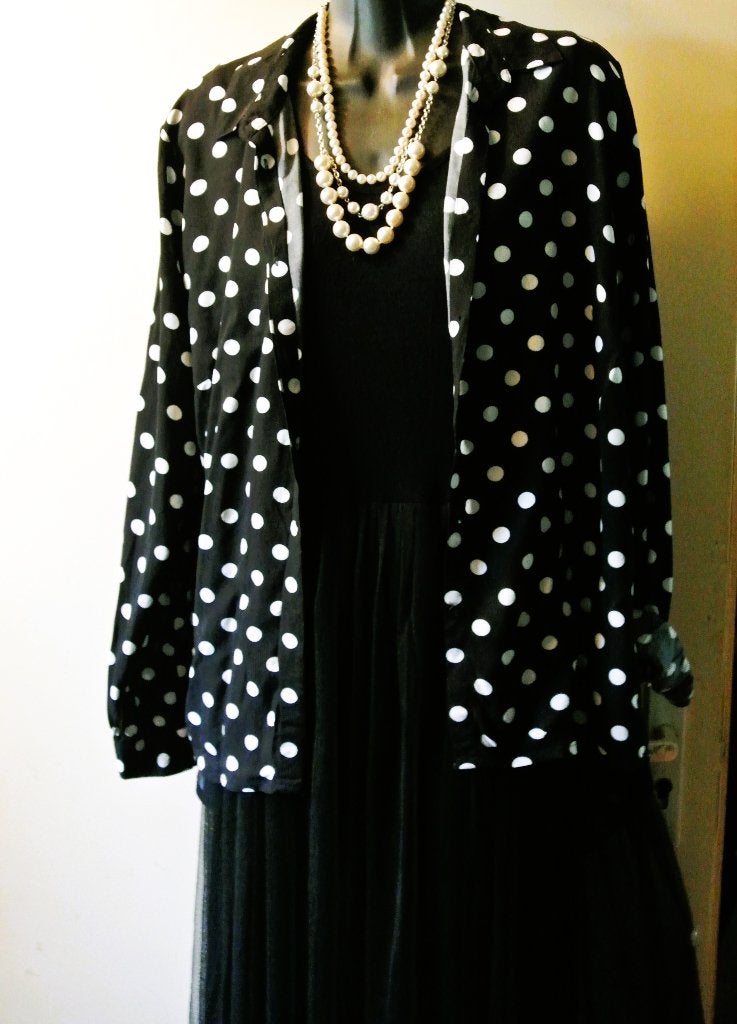 Blouse dots polkadot stippen ongelijk vallend zwart wit L, Kleding | Dames, Ophalen of Verzenden, Gedragen, Maat 42/44 (L), Zwart