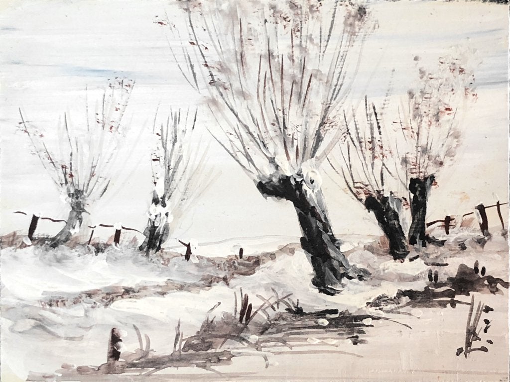 2x Schilderij (olieverf) op houten paneel 'Wintergezichten', Ophalen of Verzenden
